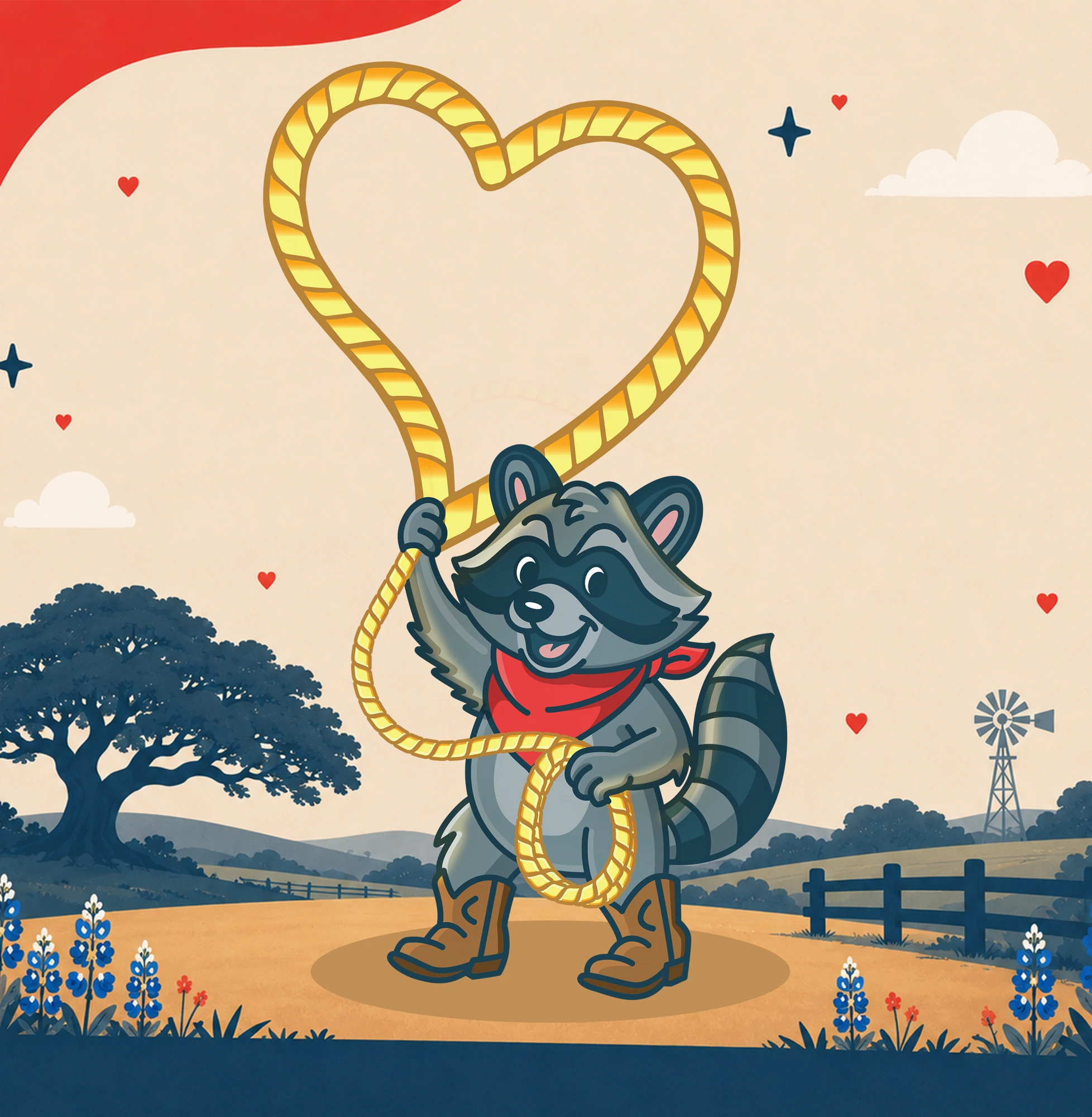 Rowdy the Raccoon holding a heart-shaped lasso in a Texas landscape with bluebonnets and a windmill